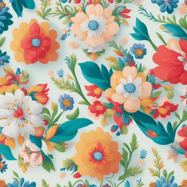 Seamless pattern with colorful flowers and leaves ai generated illustration