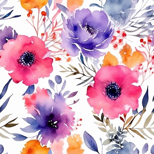 A seamless pattern with colorful flowers on a white background