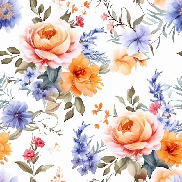 seamless pattern with colorful flowers on a white background