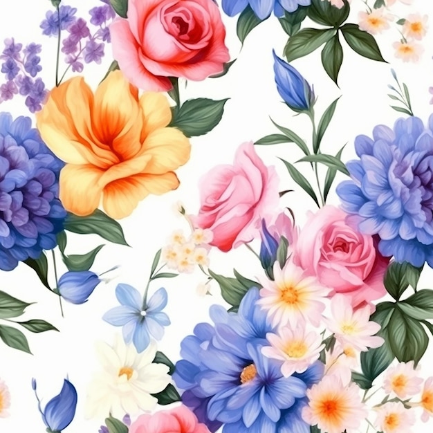 seamless pattern with colorful flowers on a white background