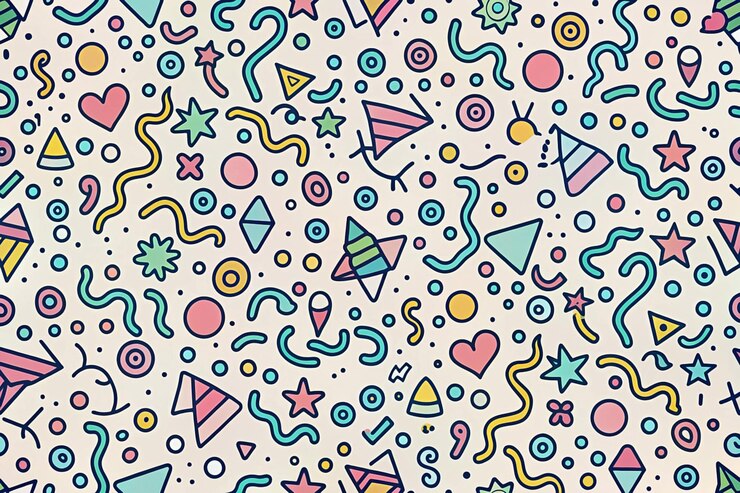 Photo seamless pattern with colorful handdrawn shapes and doodles on a beige background