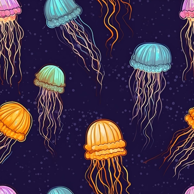 Seamless pattern with colorful jellyfish on a dark background