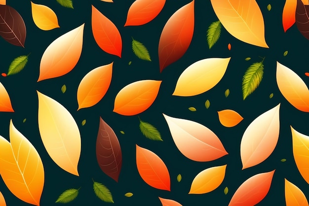 A seamless pattern with colorful leaves on a dark background.