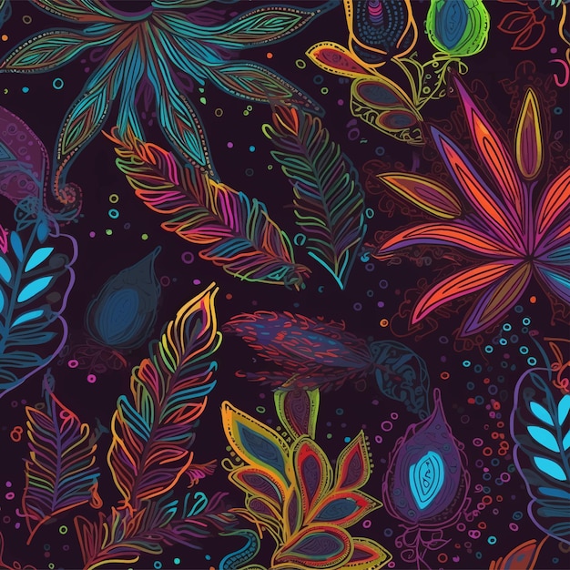 A seamless pattern with colorful leaves and flowers on a dark background