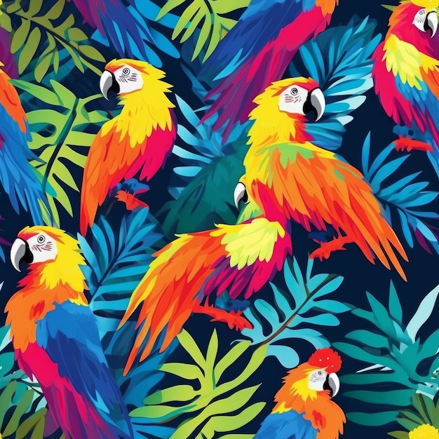 A seamless pattern with colorful parrots on a dark background.