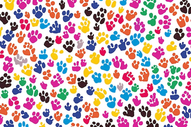 Photo seamless pattern with colorful paw prints on white background