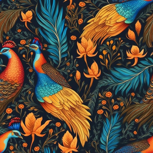 Seamless pattern with colorful peacocks on a dark background.