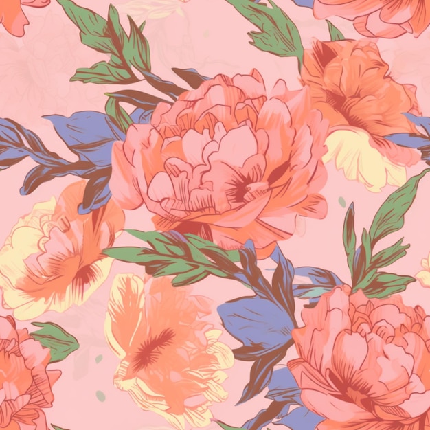 Seamless pattern with colorful peonies on a pink background Generative ai