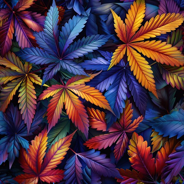다채로운 무지개 마리화나 잎과 함께 무 없는 패턴 천과 섬유의 배경을 장식하는 장식