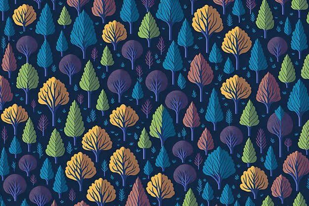 A seamless pattern with colorful trees on a dark background.