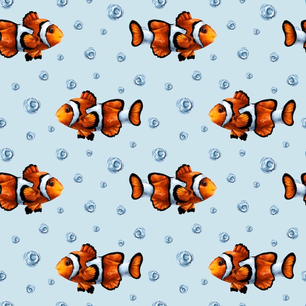 Seamless pattern with colorful tropical clown fish and water bubbles Marine underwater life