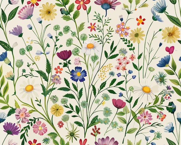 Seamless pattern with colorful wildflowers