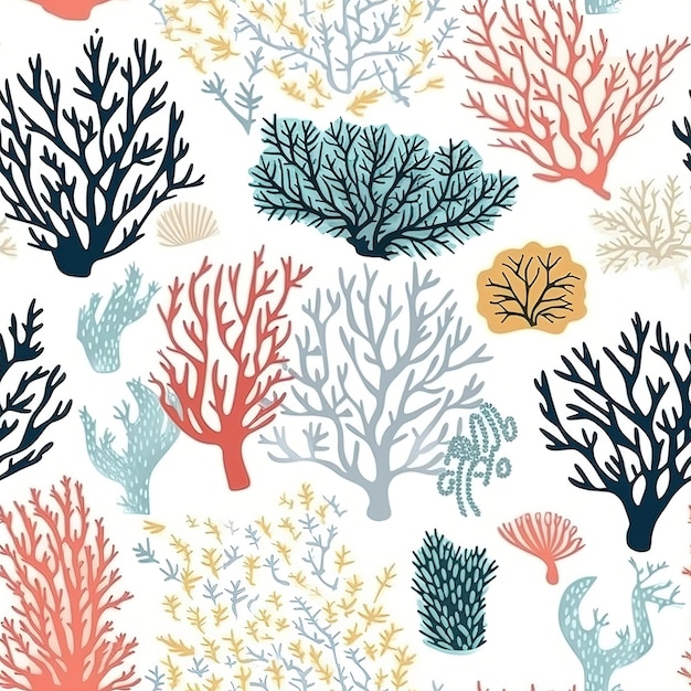 A seamless pattern with corals and seaweed.