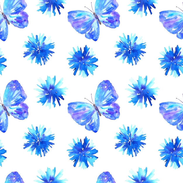 Seamless pattern with cornflowers and butterfly. Blue beautiful flowers. Hand drawn watercolor illustration. Texture for print, fabric, textile, wallpaper.