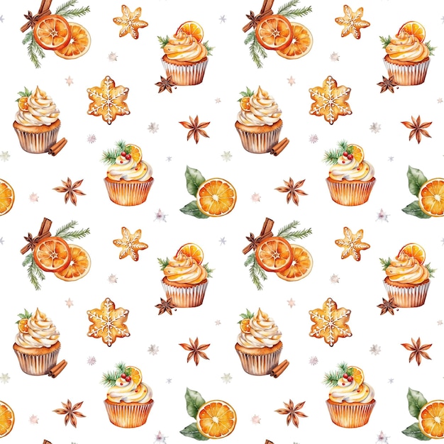 Seamless pattern with cupcakes ginger cookie and star anice isolated on white background Watercolor christmas illustration Generative ai