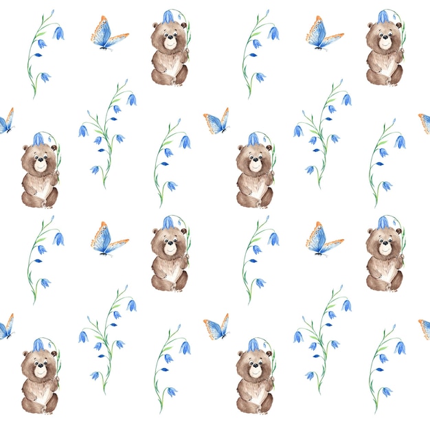 Бесшовный рисунок с милыми медвежьими голубыми колокольчиками и акварелью бабочки, нарисованной вручную