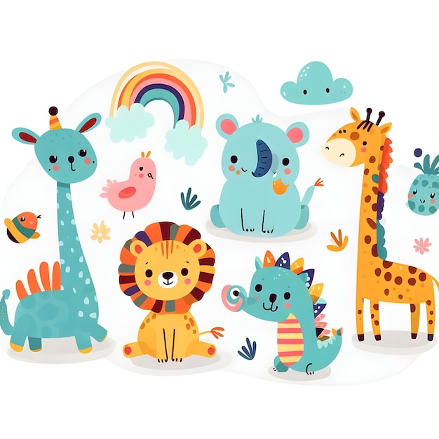 Seamless pattern with cute cartoon animals Vector background with wild animals