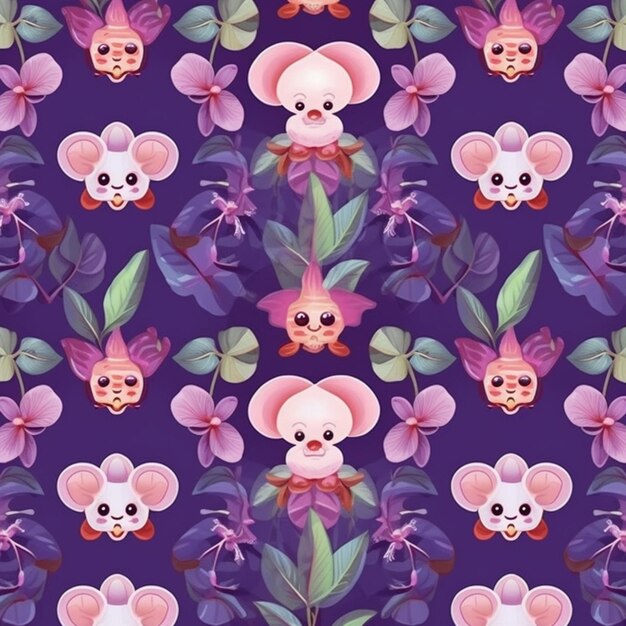 Photo seamless pattern with cute cartoon mice and flowers on a purple background. hand drawn illustration. royalty free illustration