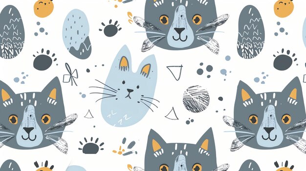 Seamless pattern with cute cat faces Funny animal background Great for fabric textile nursery decor Vector illustration