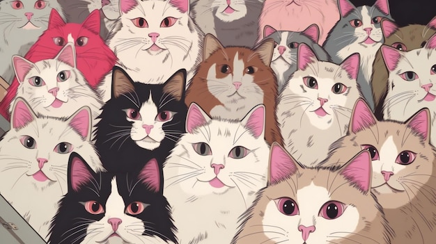 Seamless pattern with cute cats Hand drawn illustration