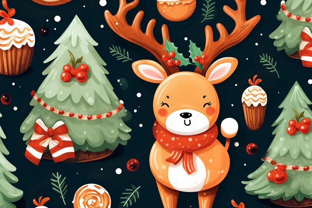 可愛い鹿とクリスマスツリーのシームレスなパターン