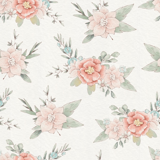 Seamless pattern with cute delicate spring flowers and leaves.