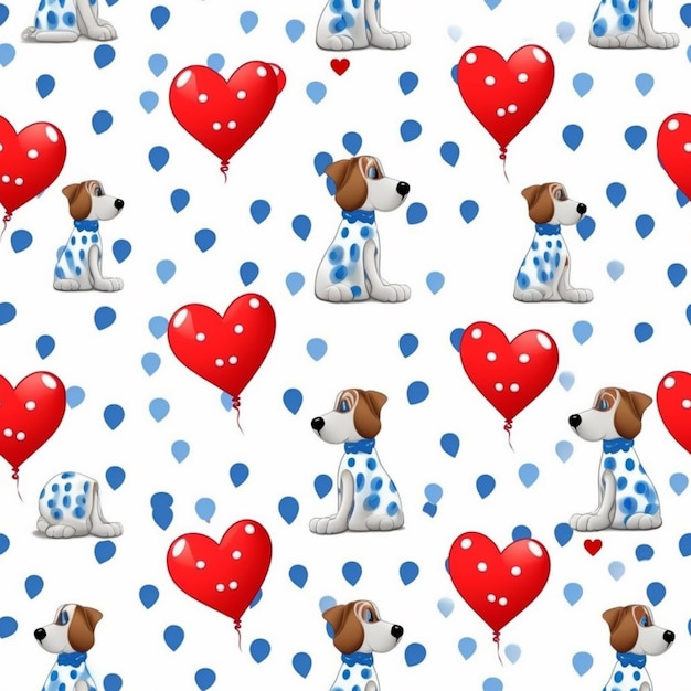 Seamless pattern with cute dogs and a red heart balloon.