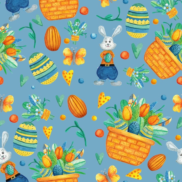 Seamless pattern with cute Easter watercolor illustrations.