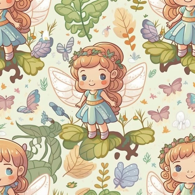 a seamless pattern with a cute fairy girl and butterflies generative ai