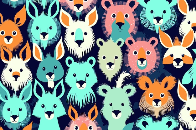 Seamless pattern with cute hand drawn animals Vector illustration