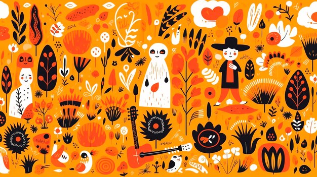 Photo seamless pattern with cute hand drawn monsters and plants vector illustration