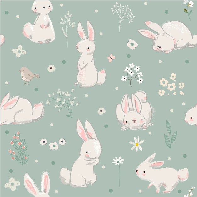 Seamless pattern with cute hares