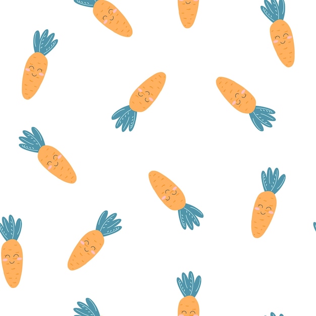 Seamless pattern with cute kawaii carrot with happy face in flat style, children cartoon background