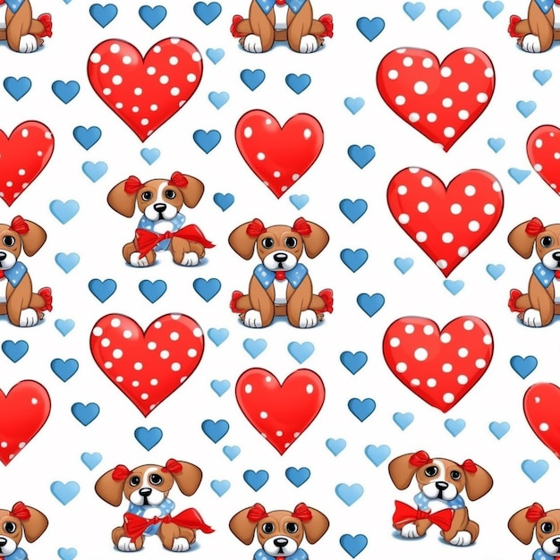 Seamless pattern with cute puppy and heart on a white background.