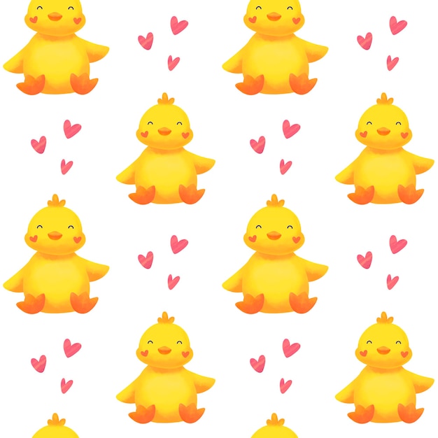 Photo seamless pattern with cute yellow ducklings illustration on white background
