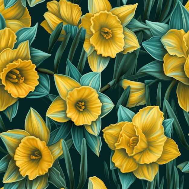 A seamless pattern with daffodils on a dark background.