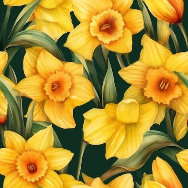 A seamless pattern with daffodils on a dark green background.