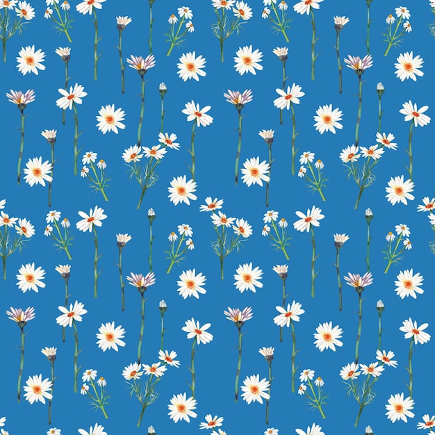 사진 파란색 배경에 데이지 꽃차례와 녹색 잎이 있는 매끄러운 패턴
