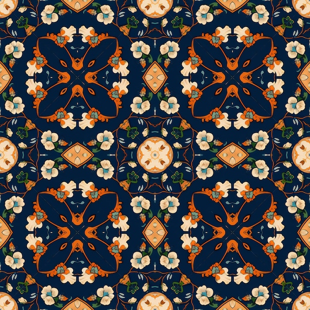 Seamless pattern with decorative flowers on dark blue background