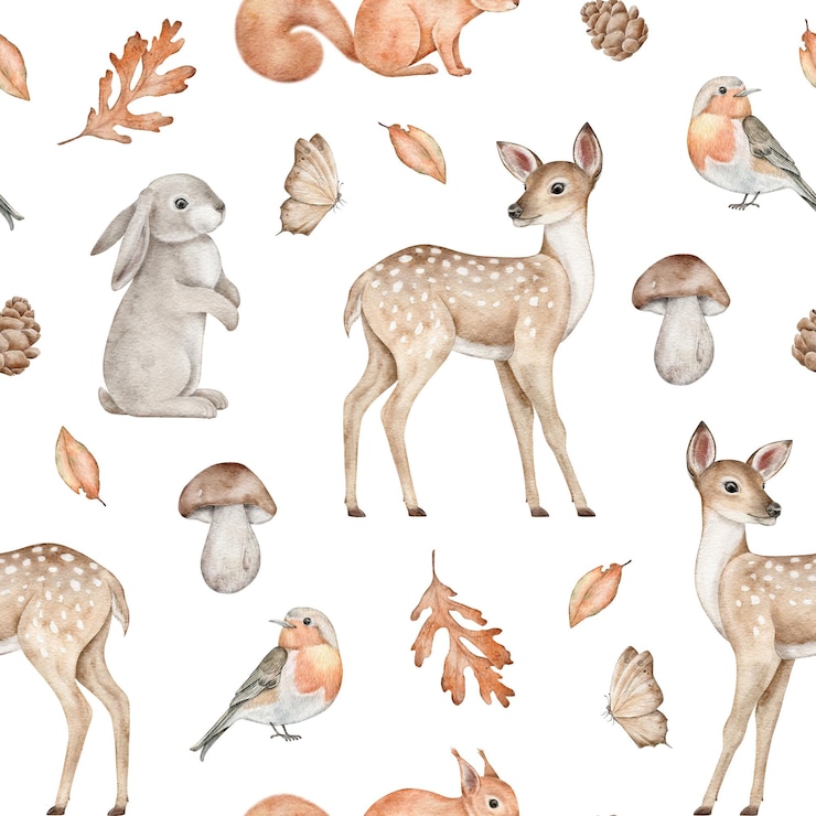 Photo seamless pattern with deer rabbit squirrel bird butterfly pine cone leaves boletus and acorn
