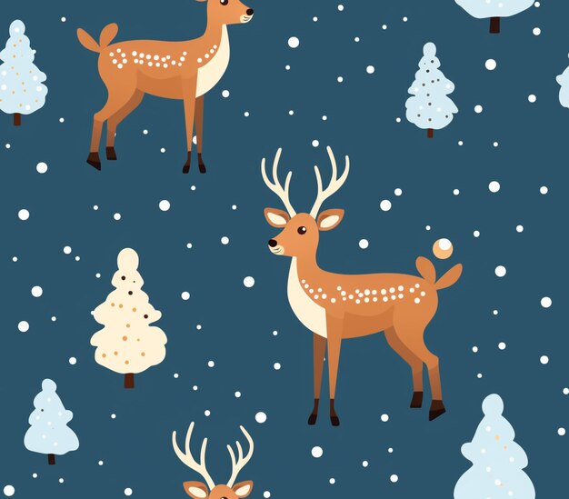 Seamless pattern with deer and trees on a blue background generative ai