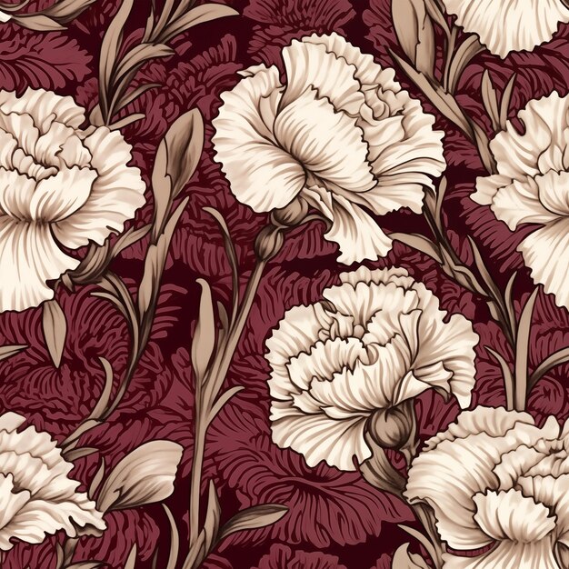 Seamless pattern with delicate carnations white ob burgundi background