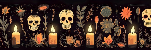 бесшовный узор на тему Dia de Muertos с жуткими элементами, такими как скелеты, черепа, свечи, генеративный искусственный интеллект