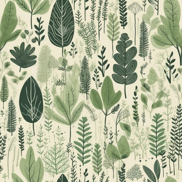 A seamless pattern with different leaves and plants.