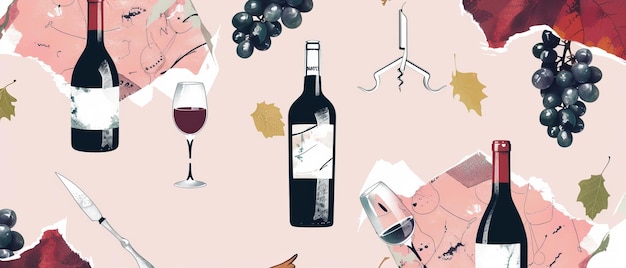 사진 다양한 와인 병, 포도, 와인 컵 및 코크 스크루와 함께 원활한 패턴 모두 현대적인 형식으로 손으로 그려졌습니다.