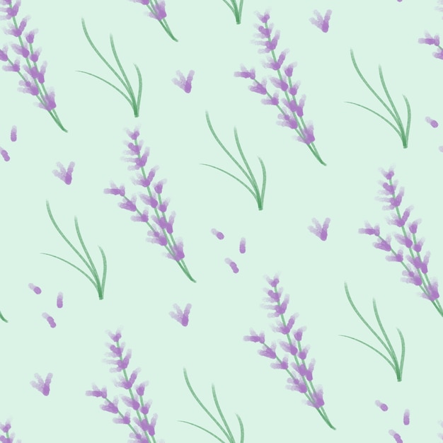 Seamless pattern with digital watercolor lavender flovers and petals on pastel green background