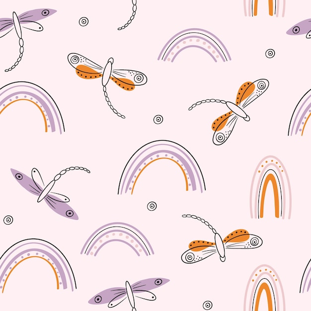 Seamless pattern with dragonflies and ginkgo leaves