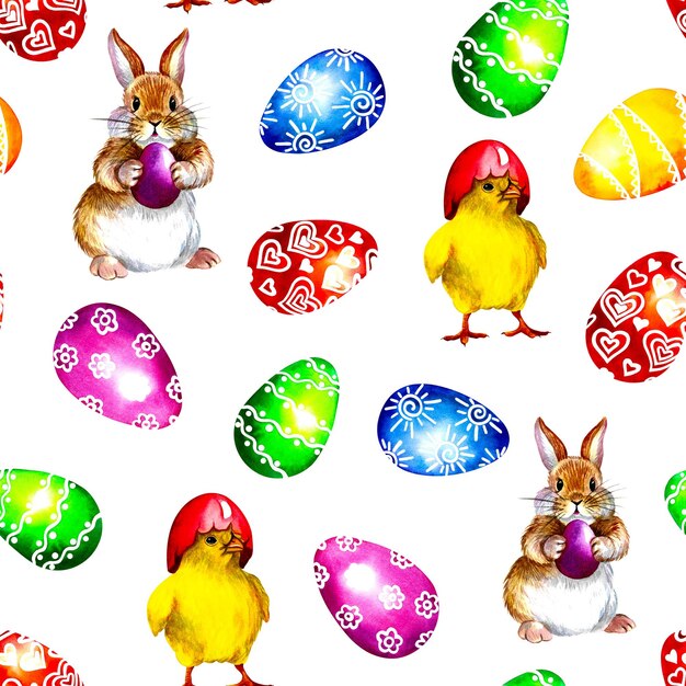 Seamless pattern with eggs chickens and rabbits.Watercolor illustration.