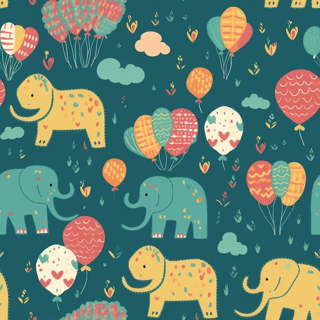 seamless pattern with elephants and balloons in the sky generative ai