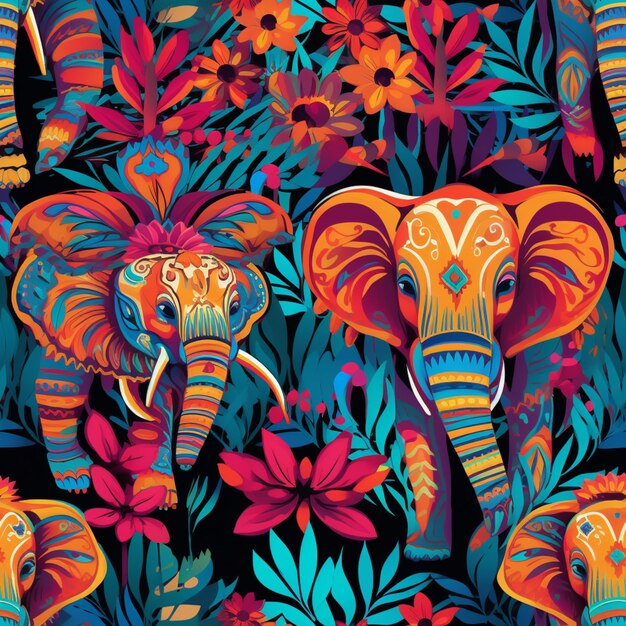 Photo seamless pattern with elephants and flowers on a black background generative ai